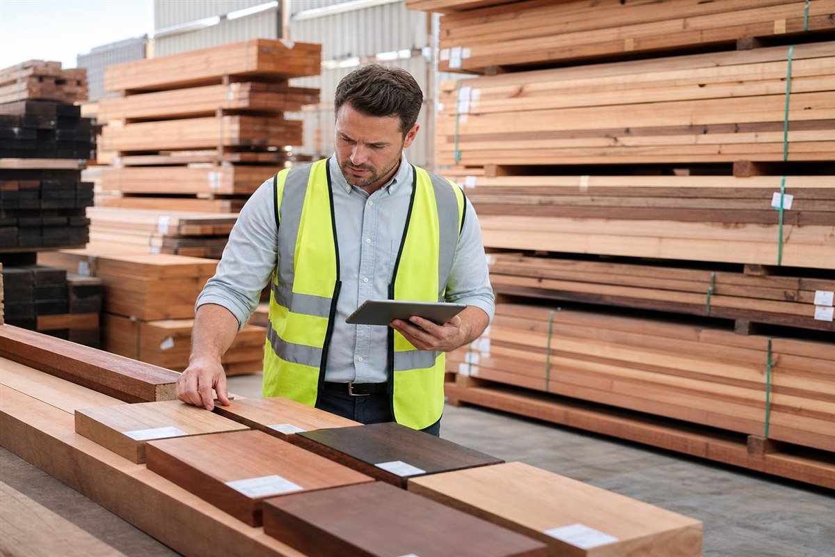 Timber sourcing specialist evaluating multiple wood species