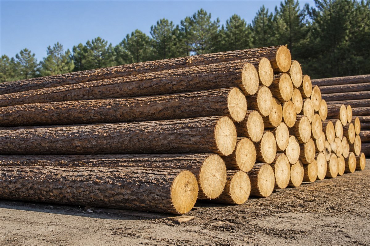 Straight bark-on pine logs prepared for commercial processing