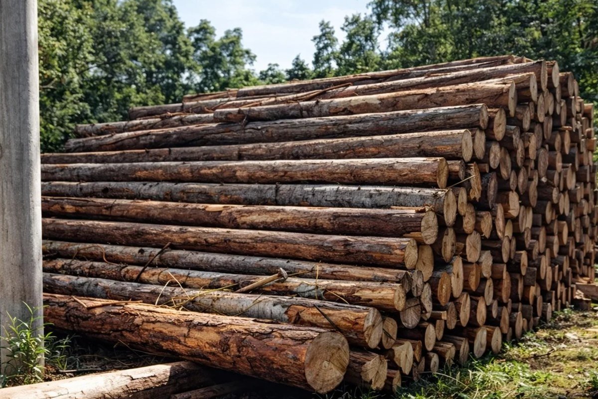 Export-grade timber logs stacked at a timber yard