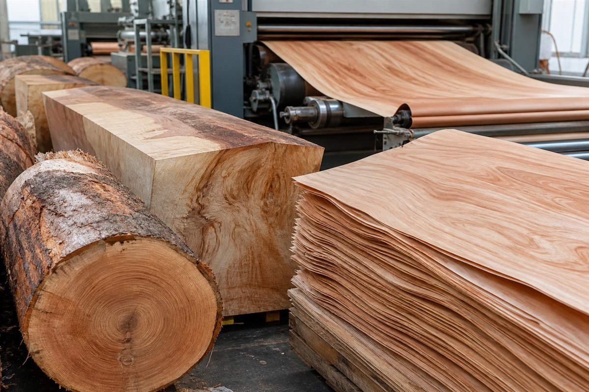 Wood flitches and freshly sliced veneer sheets at a production line