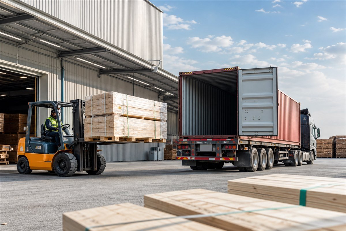 Forklift loading packaged timber into a freight container