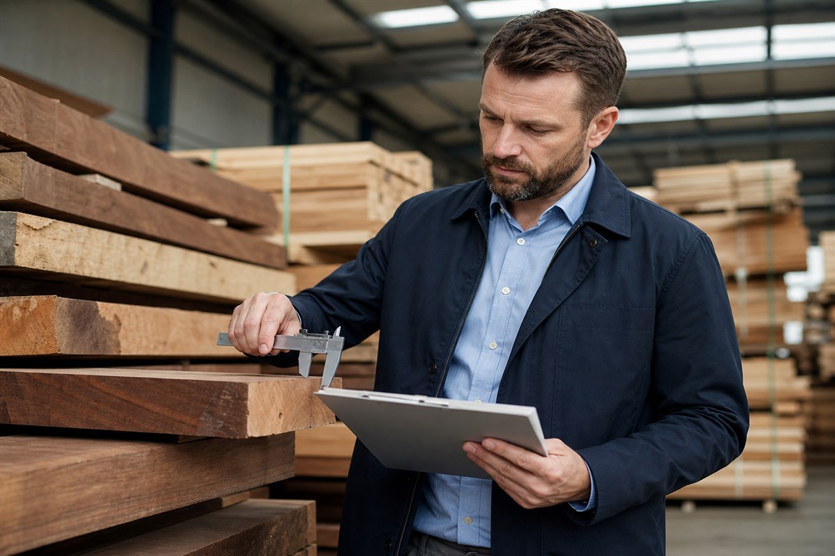 Procurement manager measuring and inspecting supplier timber